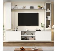 Meuble TV moderne, 3 portes et 6 etagères de rangement, Lot de 4 meubles de salon, Panneaux de particules, 180x35x33.5 cm, Blanc