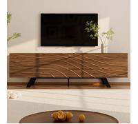 Meuble TV Moderne à Façade Ondulée en Noyer avec Pieds en Fer Noir, Grand Espace de Rangement, Gestion des Câbles, 160×39×50.5 cm