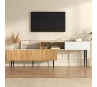 Meuble TV Moderne À Longueur Réglable, 4 Espaces De Rangement， Design Modulaire en 2 Parties, Aspect Bois + Blanc Mat, Pieds en Métal Noir, Meuble De Salon Multifonctionnel