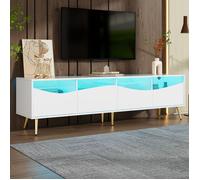 Meuble TV Moderne avec Bande LED, Porte en Verre, 4 Tiroirs, Meuble de Salon avec Pieds Métalliques Dorés, Blanc, 180 x 40 x 50 cm