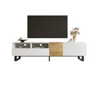Meuble TV moderne avec étagère ouverte, 2 tiroirs, 2 portes, système push-to-open, porte battante, pieds en métal, élégant meuble de salon, en bois MDF, minimaliste avec guide-câbles (blanc + couleur