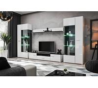 Meuble TV moderne blanc brillant avec accents noirs et lumières LED, système LED à 4 points, 340 x 190 x 40 cm de haut, meuble TV flottant avec étagères d'affichage