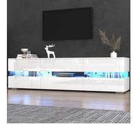 Meuble TV moderne blanc brillant, avec éclairage LED, 2 portes, 1 tiroir, adapté à un téléviseur de 70 pouces, 160 x 39 x 45 cm