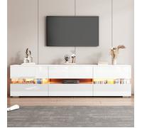 Meuble TV moderne blanc brillant avec éclairage LED, 2 portes, 1 tiroir, compartiment ouvert,supports TV brillants 160x39x45 cm