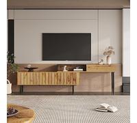 Meuble TV moderne - Console TV en bois peu encombrant avec pieds en fer et bord en PVC en marron foncé - Centre de divertissement durable avec finition en bois naturel