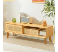 Meuble TV moderne de 99,1 cm avec rangement, table console multimédia élégante pour salon et chambre à coucher, design spatial et portes en rotin plastique, centre de divertissement parfait
