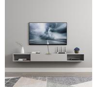 Meuble TV moderne flottant à fixation murale, étagère TV blanche et grise avec tiroirs élégante flottante mueble pour le rangement du salon, console multimédia contemporaine.