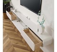 Meuble TV moderne flottant blanc pour petits appartements avec coins arrondis avec rabat inférieur et tiroir (180 x 24 x 18 cm)