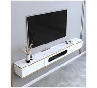 Meuble TV moderne flottant, centre de divertissement mural avec tiroirs de rangement et porte en verre, meuble TV élégant avec accents dorés,