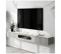 Meuble TV moderne flottant, console multimédia murale avec porte en verre, centre de divertissement blanc avec accents dorés, tiroirs de rangement, étagère TV élégante (gris, 180 x 24 x 20 cm)