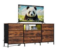 Meuble TV Moderne Industriel avec 8 Tiroirs - pour Téléviseur 75 Pouces, Grand Espace De Rangement - Cadre Acier Et Panneaux De Particules - Éclairage LED Intégré - 160x35x68 cm, Marron