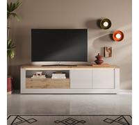 Meuble TV moderne laqué blanc et bois + led 210cm ARIA