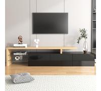 Meuble TV Moderne, MDF et Verre, Design Noir Haut Brillant, LED Multicolores, Rangement avec Portes et Étagères, pour Télévisions 70-79 Pouces, Couleur Noir et Bois, 197.5 x 39 x 42 cm