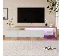Meuble TV moderne, Meuble TV, Table TV Lowboard, Design asymétrique, Éclairage LED, 3 portes, Étagères en verre, Blanc