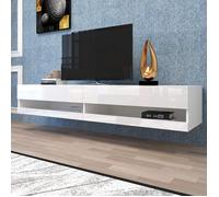 Meuble TV Mural 140 cm Rangement Fermé et LED - YEAVIO - Façade Brillante pour Salon MDF Blanc 140×40×30 5 cm