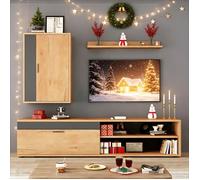 Meuble TV Mural 140cm Ensemble de 3 Pièces avec Meuble Bas, Vitrine Suspendue et Étagère, Style Moderne, Bois et Noir