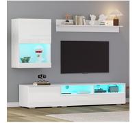 Meuble TV mural 175x39x34 cm EVRYAE - avec LED et rangement multimédia, module mural et étagère - Blanc