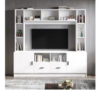 Meuble TV Mural 180x35x170 cm avec Vitrine, 2 Armoires+2 Tiroirs et 11 Étagères - Ensemble Rangement pour Salon,Blanc