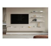 Meuble TV mural avec façades à lamelles rainurées - VELDIO - 300 cm - beige gris