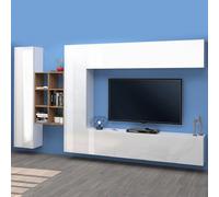 Meuble TV mural blanc suspendu 2 armoires bibliothèque Sid WH