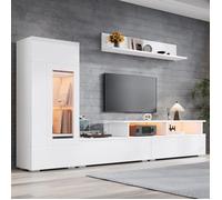Meuble TV Mural Design 3 Pièces avec LED Laqué Blanc Brillant Ensemble Meuble Salon Vitrine et Étagère pour TV jusqu'à 75 Pouces