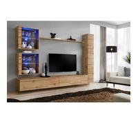 Meuble TV mural design Paris Prix Switch XVIII 280cm naturel - Banc TV, vitrine, colonne et étagère inclus
