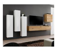 Meuble TV Mural Design "Switch III" 330cm Blanc & Naturel