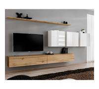 Meuble TV Mural Design "Switch VII" 340cm Naturel & Blanc