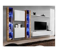 Meuble TV Mural Design "Switch XVI" 330cm Blanc & Naturel