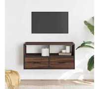 Meuble TV mural flottant avec 2 tiroirs, placard de rangement ouvert, finition chêne marron, centre de divertissement moderne, 80 x 31 x 39,5 cm