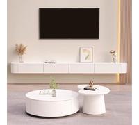 Meuble TV mural flottant avec porte, grandes étagères de rangement et banc TV pour salon 220 cm, design moderne, noir