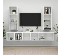Meuble TV mural, meuble TV moderne flottant, unités HiFi et stéréo, panneau de particules blanc brillant, ensemble de 4 pièces, solution d'affichage élégante