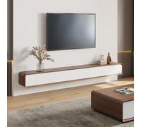 Meuble TV mural moderne blanc de 240 cm, meuble bas flottant pour salon en chêne massif avec 4 tiroirs, entièrement assemblé, solution élégante de meubles de maison