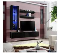 Meuble TV mural suspendu FLY H2 noir - Price Factory - Banc TV avec 3 compartiments et colonne vitrée avec LED