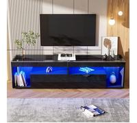 Meuble TV noir brillant avec éclairage LED, 180 cm, 2 tiroirs et étagères, support TV jusqu'à 70 pouces