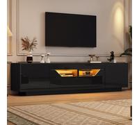 Meuble TV noir brillant LED 180x40x45 cm, 2 tiroirs, 2 portes push, 75" | LED RVB app, façade brillante, push-to-open, 2 tiroirs, niches semi-ouvertes, 40 kg, noir.oir.