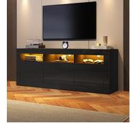 Meuble TV Noir Haut Brillant avec Eclairage LED, 2 Portes 2 Tiroirs, Compartiments, Armoire TV, 160cm