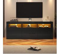 Meuble TV Noir Haut Brillant avec Eclairage LED, 2 Portes 2 Tiroirs, Compartiments, Armoire TV, buffet bas,160 x 35 x 60 cm