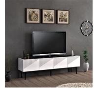 [en.casa] Meuble TV pour Salon à 2 Portes Banc TV avec Compartiment de Rangement Support de Télé Panneau de Particules Plastique 45 x 154 x 37 cm Blanc Marbre Noir