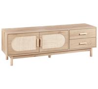 Meuble TV Panneau à Particules Pieds en Bois Façades en Rotin Style Boho Marron