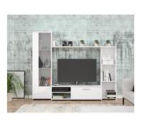 Meuble TV paroi PILVI - Particules mélaminé -Décor blanc mat - porte vitrée + 1 abattant + 5 niches - L220 x P41 x H177,5 cm