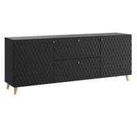 Meuble TV Phuket 181 cm - Buffet moderne avec façades fraisées, MDF, fermeture douce, pieds noirs, étagères réglables, style scandinave, designs et couleurs différents (noir losanges)