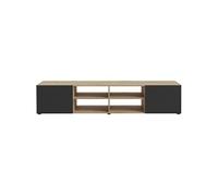 Meuble TV PILVI - Style contemporain- Décor Chêne et noir - 2 Portes + 4 niches - L 180 x P 42 x H 37 cm