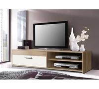 Meuble TV PILVI - Style contemporain - Particules mélaminé - Décor Chene et blanc - 1 Abattant + 2 niches - L 120 x P 42 x H 32 cm