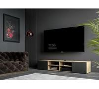 Meuble TV PILVI - Style contemporain-Reproduction Chene et noir - 2 Portes + 4 niches - L 180 x P 42 x H 37 cm