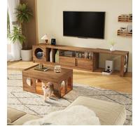 Meuble TV pivotant extensible, espace chat, noyer, 180(+80)×40×50 cm