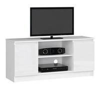 Meuble TV pour salon AKORD Blanc 120 cm 2 portes façade Blanche Brillante 2 étagères 120x40x55 cm Blanc / Blanc Brillant G