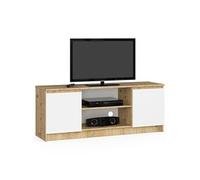 Meuble TV pour salon Chêne Artisan 140 cm 2 portes façade Blanche 2 étagères 140x40x55 cm