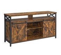 Meuble TV pour Téléviseur Jusqu’à 65 Pouces, avec Étagères Réglables, Portes Imitation Grange, Cadre en Métal, Marron et Noir