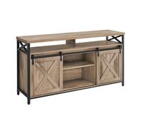 Meuble TV pour Téléviseur Jusqu’à 65 Pouces, avec Étagères Réglables, Portes Imitation Grange, Cadre en Métal, Marron Camel et Noir